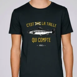 Tee Shirt Manches Courtes Homme Monsieur Pêcheur C'est Pas La Taille Qui Compte - Truite - Noir