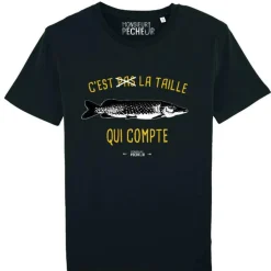 Tee Shirt Manches Courtes Homme Monsieur Pêcheur C'est Pas La Taille Qui Compte - Brochet - Noir