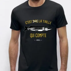 Tee Shirt Manches Courtes Homme Monsieur Pêcheur C'est Pas La Taille Qui Compte - Brochet - Noir
