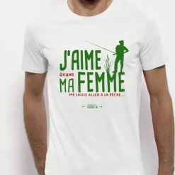 Tee Shirt Manches Courtes Homme Monsieur Pêcheur J'aime Ma Femme - Blanc